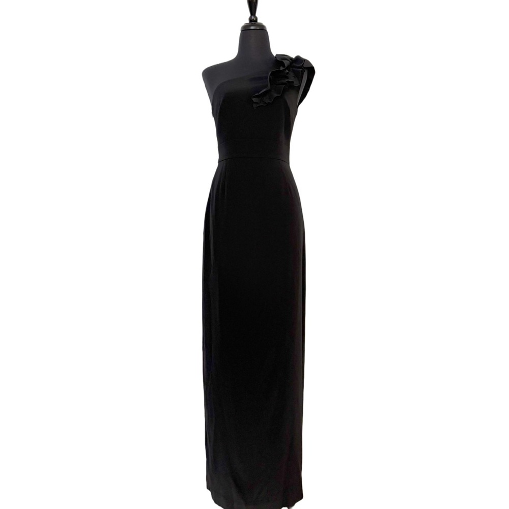 Trina Turk // Black vegan silk over the shoulder ruffled gown